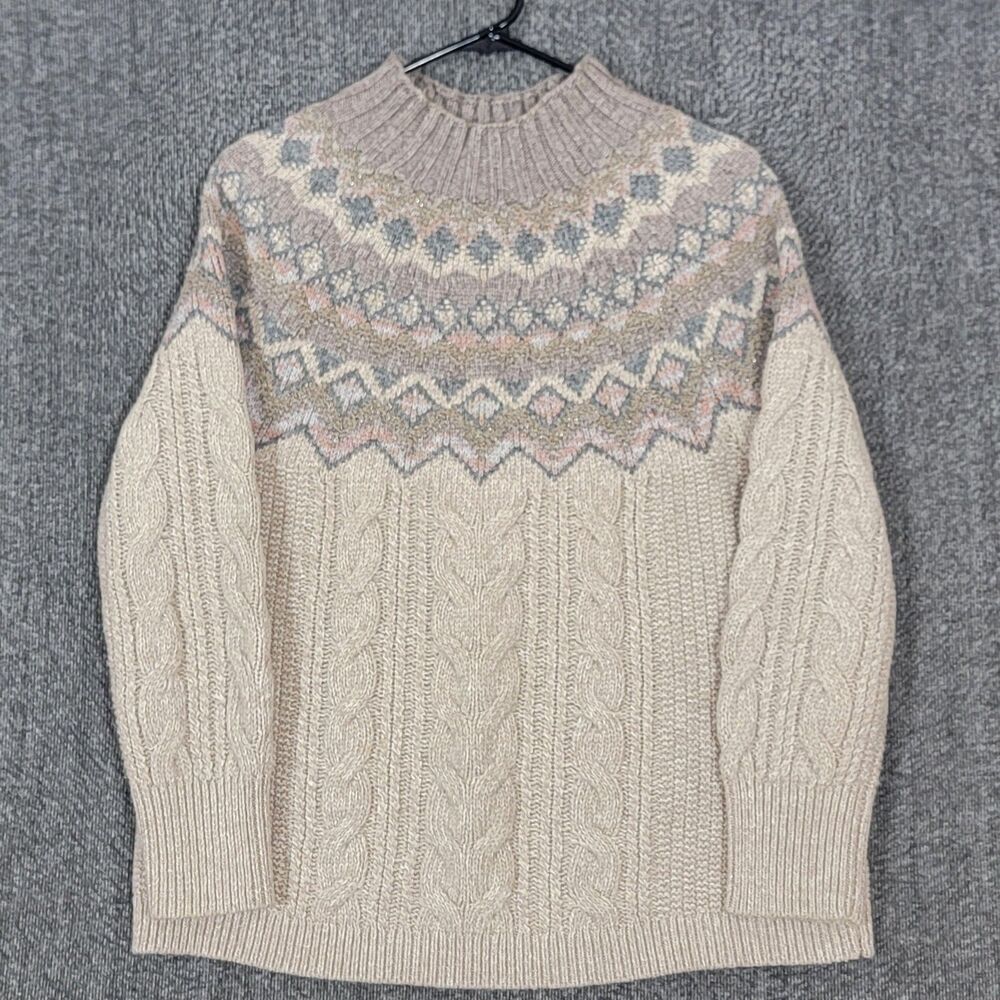 Chicos Sweater 1P Womens PM Tan Fair Isle Cable Knit Cottagecore Pullover